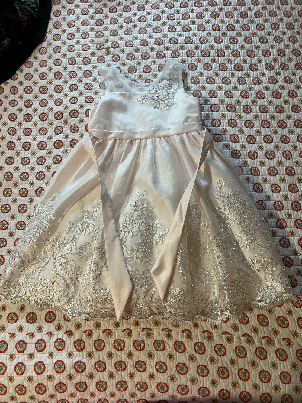 American Princess Pink Ivory Beaded Floral Lace Fit & Flare Girls Dress Size 6
